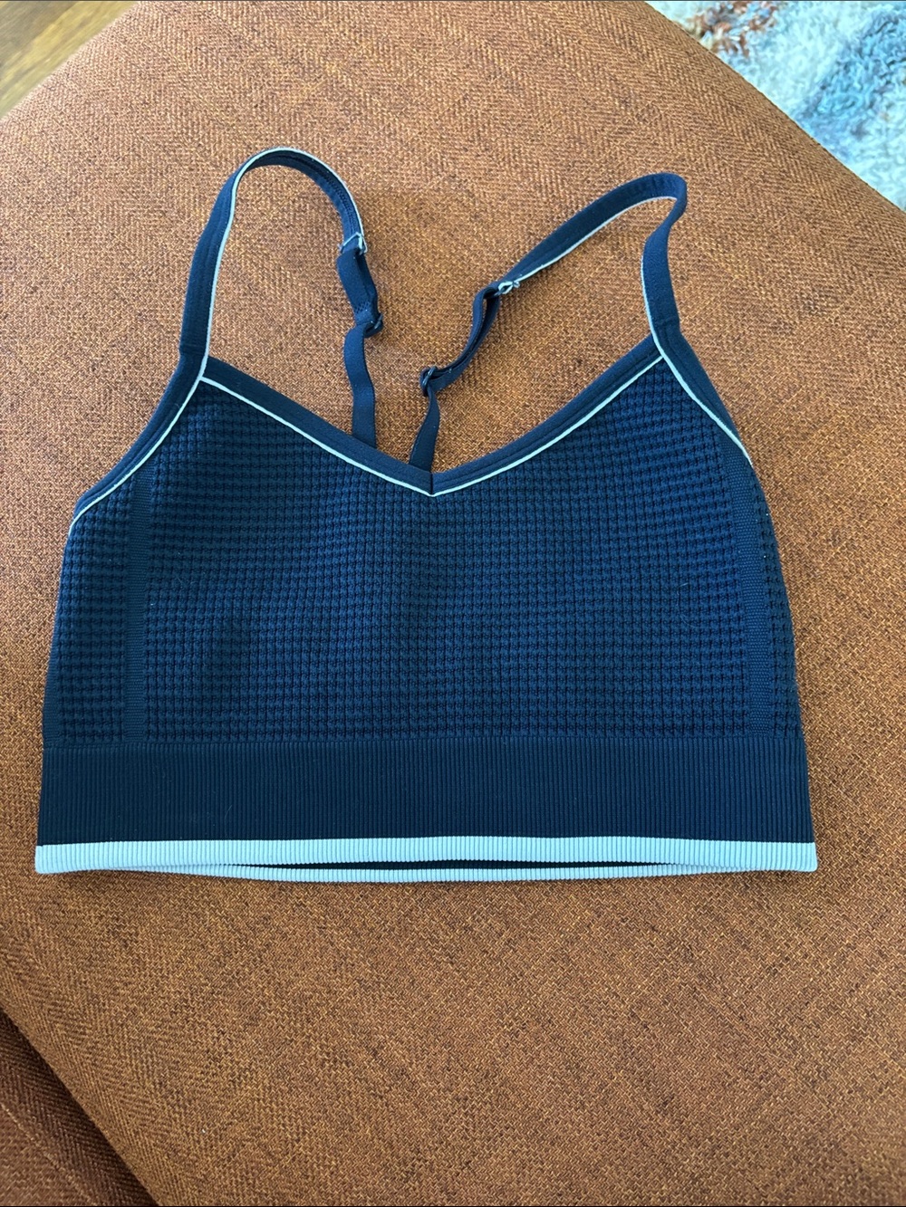 Seamless Navy workout bra  with white Trim